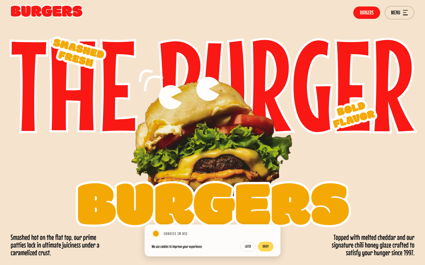 Homepage of an artisan smashed burger brand concept site