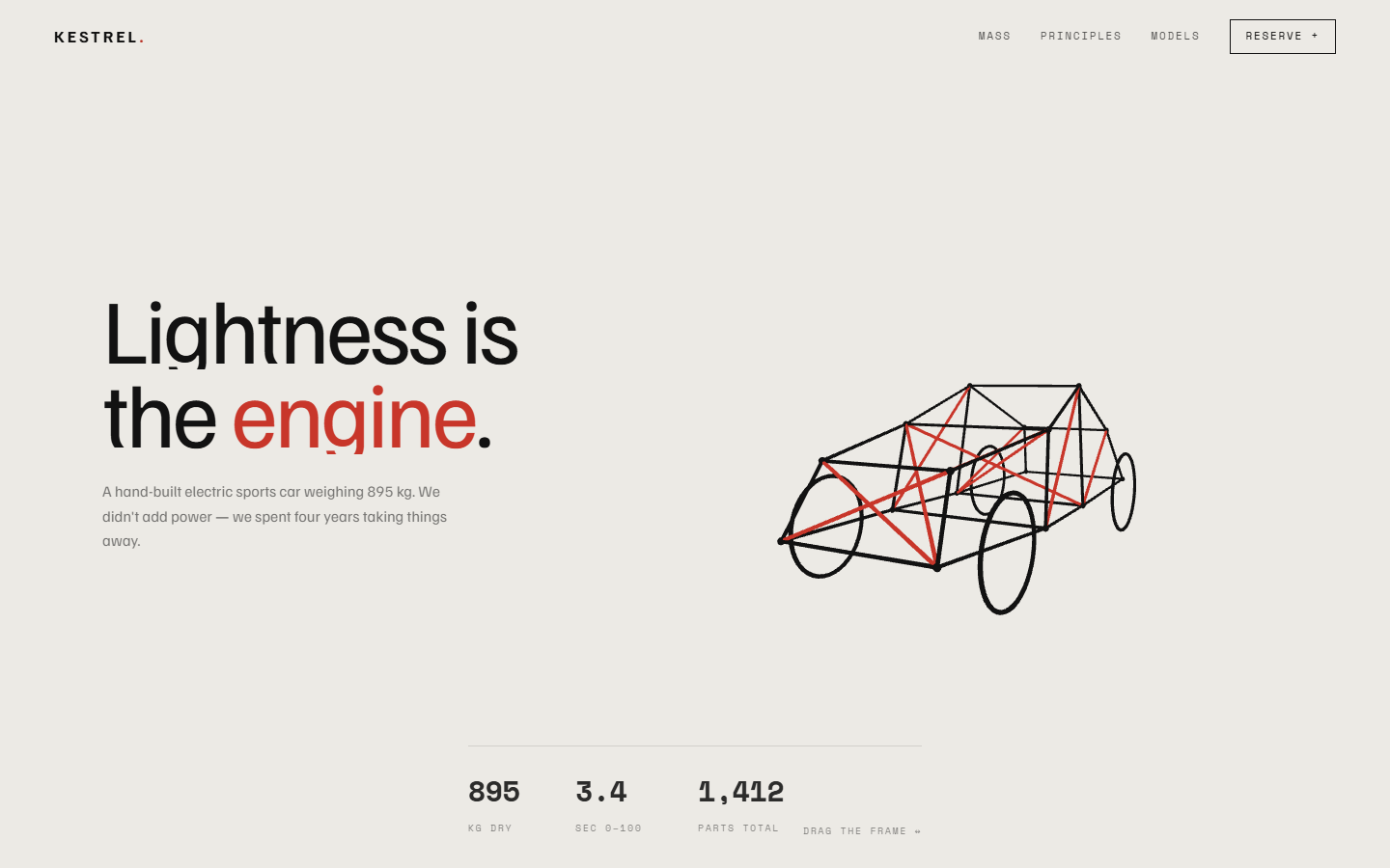 Homepage of a lightweight electric sports car concept site