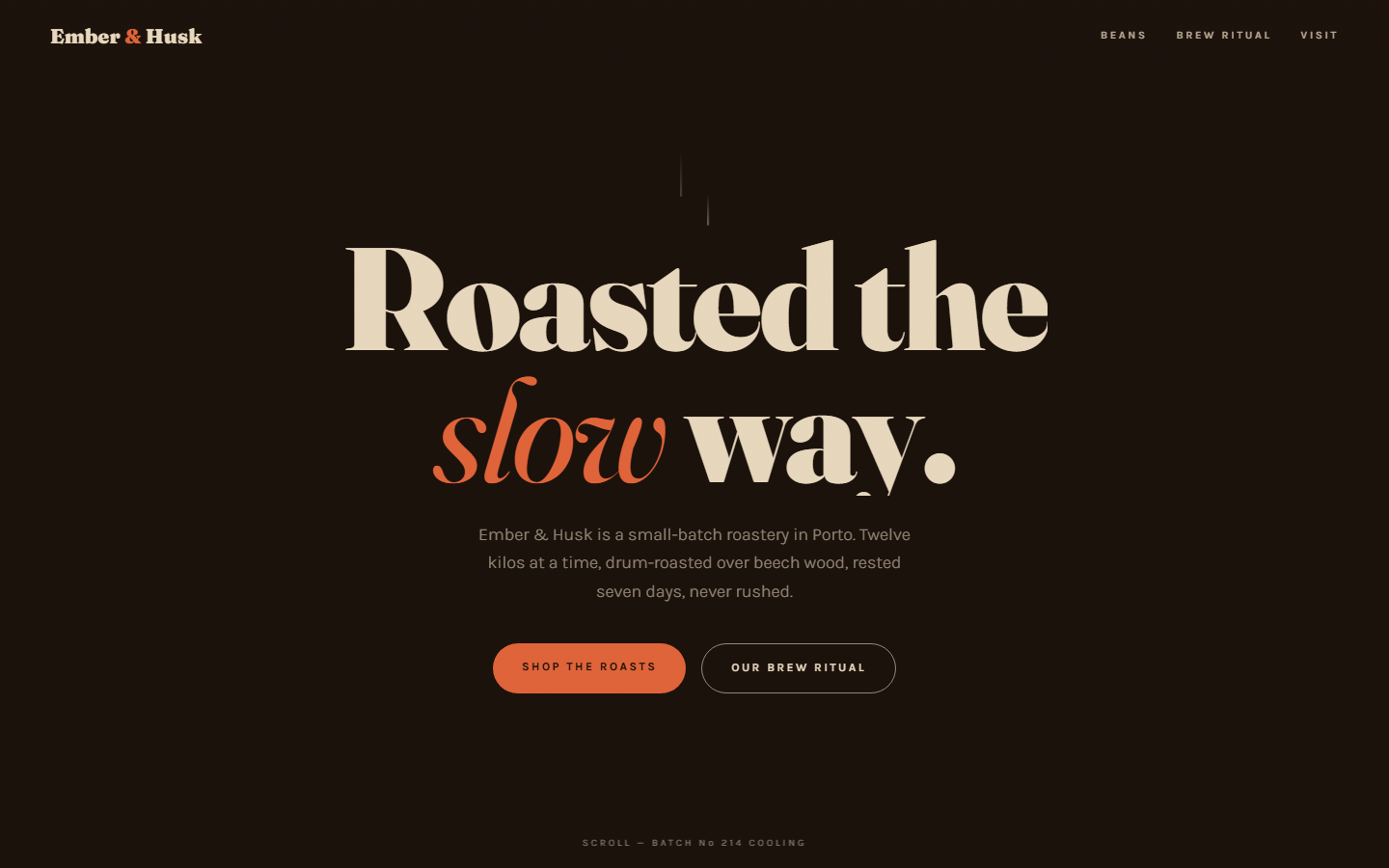 Homepage of a small-batch coffee roastery concept site