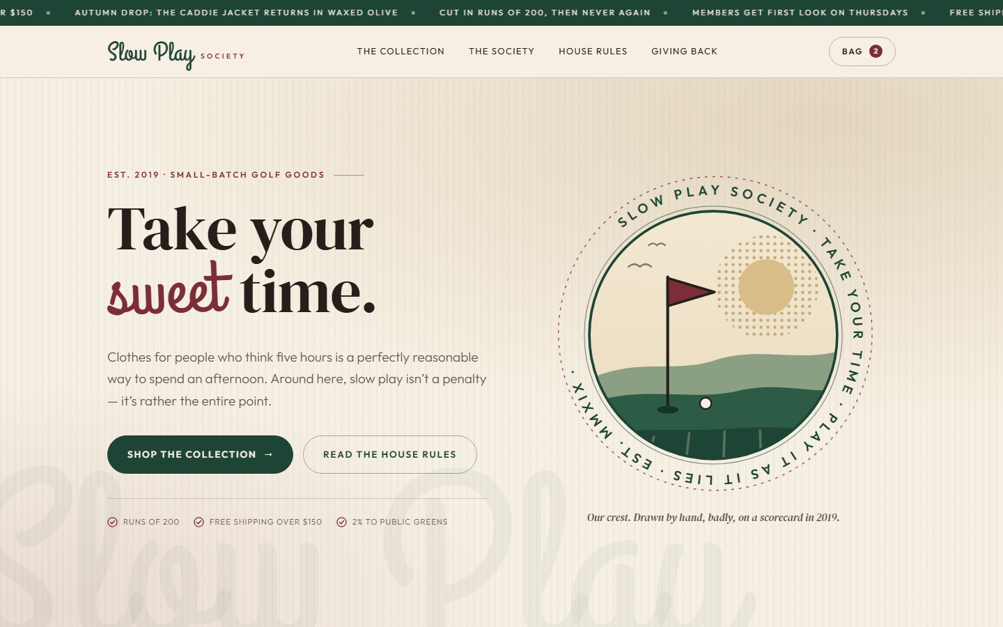 Homepage of a boutique golf apparel concept site