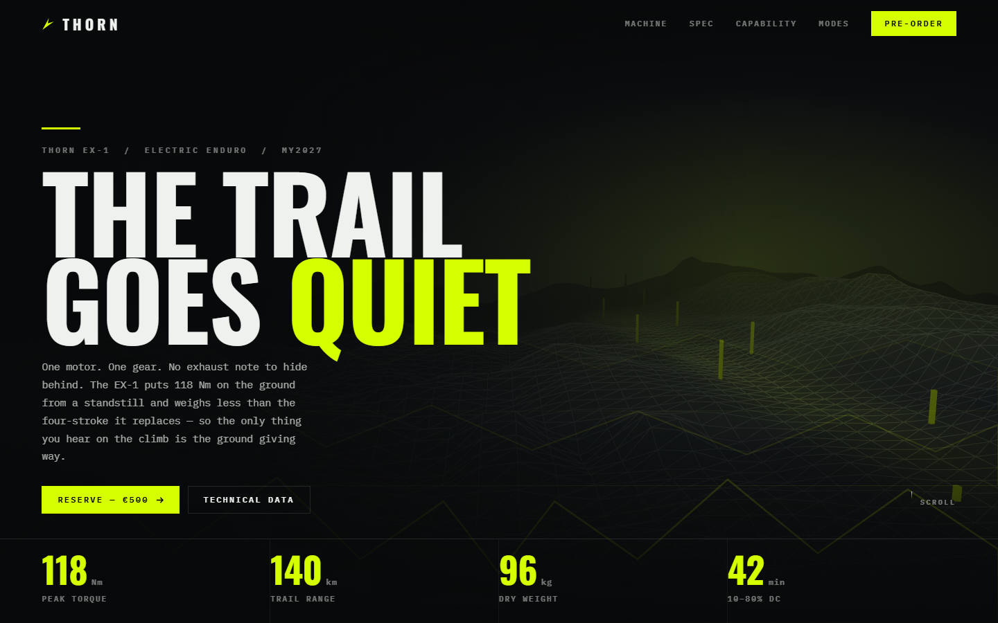 Homepage of an electric enduro motorcycle concept site